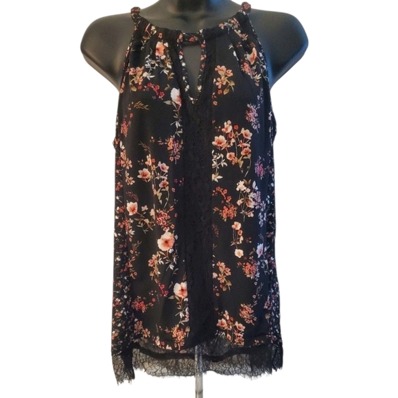 White House Black Market  Floral Black Sleeveless Halter With Lace Detail Size M - Picture 1 of 9